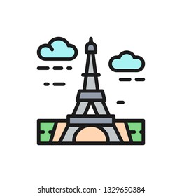 Vector Eiffel Tower, France, landmark flat color line icon.