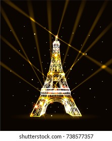 Vector Eiffel tower. Gold fires illumination. Beams shine in the star sky.
