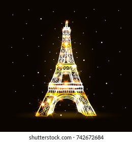 Vector Eiffel tower. Gold fires illumination. Beams shine in the star sky.