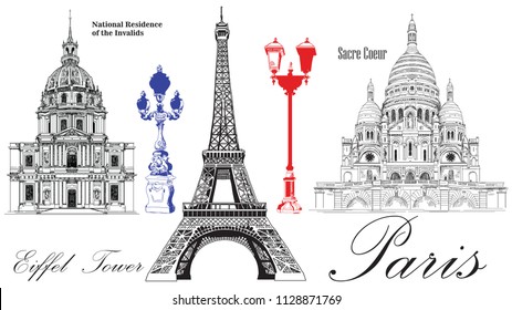 Vector Eiffel Tower, National Residence of the Invalids, Sacre Coeur cathedral. Vector hand drawing image isolated on white background