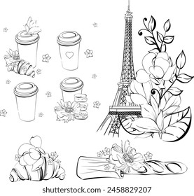 Vector Eiffel tower in romantic style. French bakery, street food. Paris travel love vacation. Black silhouette for circuit