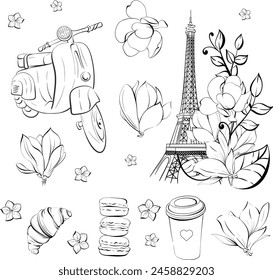 Vector Eiffel tower and scooter illustration. Vintage motorbike in romantic style. French bakery, street food. Paris travel love vacation. Black silhouette for circuit