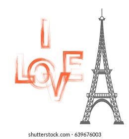Vector Eiffel Tower Silhouette and I Love You Text Isolated on White Background
