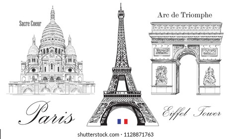 Vector Eiffel Tower, Triumphal Arch and Sacre Coeur cathedral. Vector hand drawing image isolated on white background
