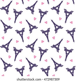 Vector Eiffel Towers romantic seamless pattern. Hand drawn vintage doodles. Good for wallpaper, wedding invitation, valentine cards, scrapbook, wrapping paper,  website background, fashion textile.