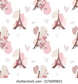 Vector Eiffel towers shapes romantic seamless pattern on pink background. Hand drawn. Wrapping paper, wallpaper, , fashion textile print, valentine gift cards, wedding invitations, travel brochures