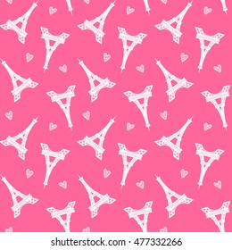 Vector Eiffel towers shapes romantic seamless pattern on pink background. Hand drawn. Wrapping paper, wallpaper, valentine gift cards, wedding invitations, travel brochures, fashion textile print