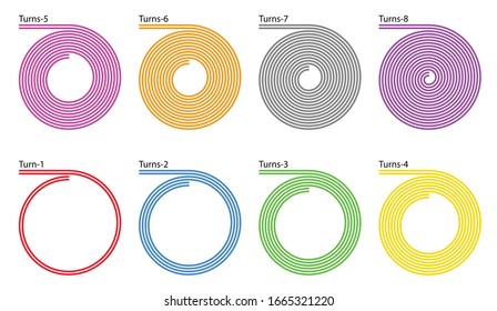 Vector eight colorful double spirals on white background. Each have different colors and number of turns. 