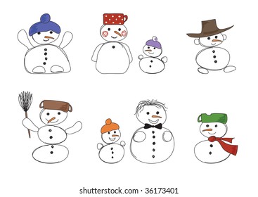 vector eight snowmen hand drawing