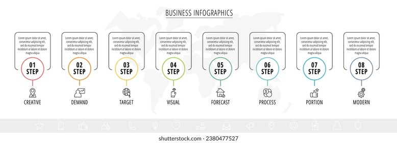 Vector eight step line infographic from circles with icons and squares. Modern timeline concept for chart, levels, web, diagram, banner, presentations, business, diagram, flowchart