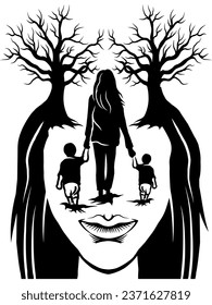 vector ek tree mother and two children