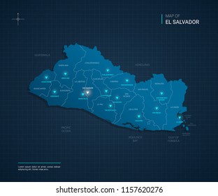 Vector El Salvador map illustration with blue neon lightpoints - triangle on dark blue gradient background. Administrative divisions, cities, borders, capital. Neon tech background with glow. 