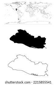 Vector El Salvador map, map of El Salvador showing country location on world with solid and outline maps for El Salvador on white background. File is suitable for editing and prints of all sizes.