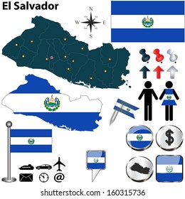 Vector of El Salvador set with detailed country shape with region borders, flags and icons