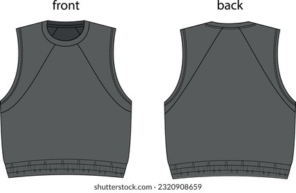 Vector elastic waist, crew neck, sweatshirt fashion CAD, unisex sleeveless sweatshirt technical drawing, top drawing, template, gray color
