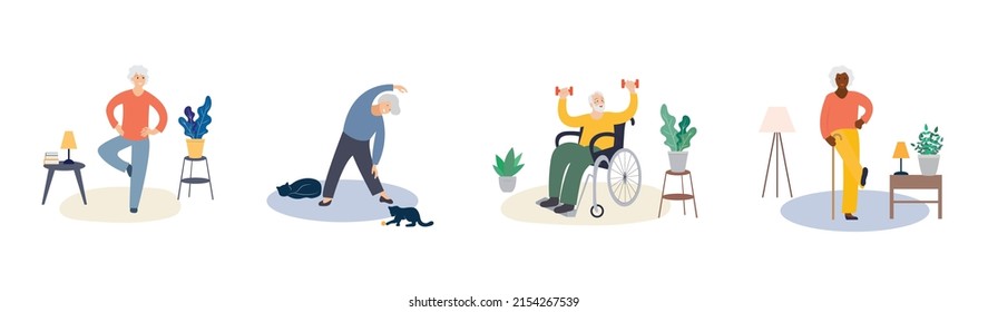 Vector Elderly Active Seniors Set, Cartoon Style People, Different Light Physical Activity, Welbeing Concept, Elderly Care Colorful Art Icons Isolated On White Background Home Activities Indoors.