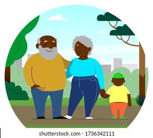 Vector elderly African American couple, family; dark-skinned grandfather with a little grandson are walking in the park. Happy overweight people. Fashionable old woman. Modern flat image.