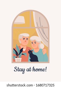 Una pareja de ancianos vectorial con un gato está en casa cerca de la ventana y el texto Quédate en casa en el fondo claro.
