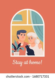 Vector elderly couple with a cat is at home by the window and text Stay at home!