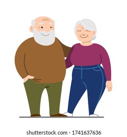 Vector Elderly Couple, Family; Father And Mother; Grandparents Are Hugging. Happy Overweight Couple. Fat Old People. Fashionable Old Woman. Modern Flat Vector Image Isolated On White Background.