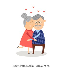 Vector elderly couple in love dating at valentine's day. Cartoon grey-haired characters in casual clothing embrasing, woman kissing man in cheek. Isolated illustration, white background