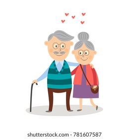 Vector elderly couple in love dating at valentine's day. Cartoon grey-haired characters in casual clothing with cane embrasing expressing care positive emotion. Isolated illustration, white background