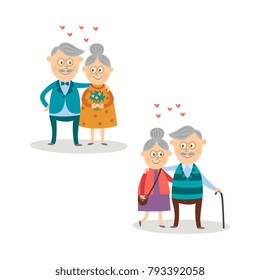 Vector elderly couple in love dating valentines day set. Cartoon characters embracing, standing with cane, man giving flowers bouquet to woman. Isolated illustration on a white background