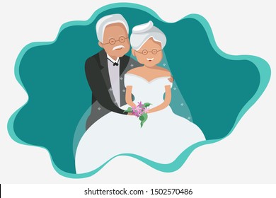 vector of elderly couple in wedding dress celebrate for wedding anniversary  with bouquet of flowers