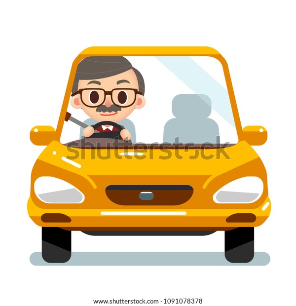 Vector elderly male character driving a car\
isolated on white\
background
