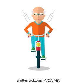 Vector anciano en bicicleta. Ancianos haciendo ejercicio. Estilo de vida activo. Dibujo vectorial plano. Objetos aislados en un fondo blanco.