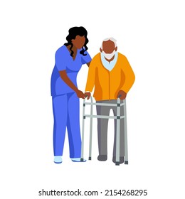 Vector Elderly People Care Illustration Isolated on White Background African-American Doctor and Man, Support and Helping Concept Colourful Illustration Template.