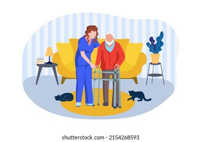 Vector Elderly People Care Illustration Isolated on White Background Doctor and Man, Support and Helping Concept  Colourful Illustration Template, Indoors Interior Background Room.
