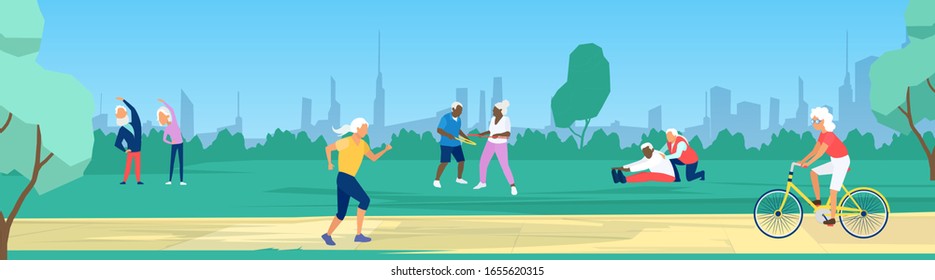 Vector of elderly people exercising, running, cycling in the park on a cityscape background