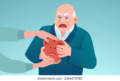 Vector of an elderly scared business man holding piggy bank trying to protect his savings from being stolen