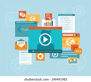 Vector e-learning concept in flat style - digital content and online webinar icons