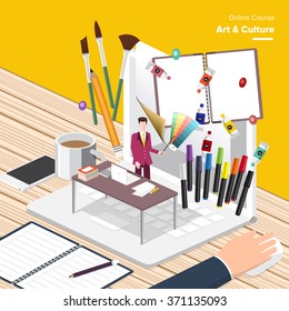 Vector e-learning concept in flat style - digital content and online art & culture