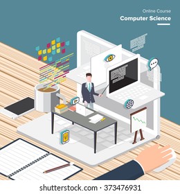 Vector e-learning concept in flat style - digital content and online Computer sciences.electronic learning process, awards winning and knowledge elements. 