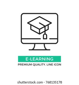 Vector e-learning icon. Computer and graduation cap on screen. Premium quality graphic design elements. Modern sign, linear pictogram, object, outline symbol, simple thin line icon