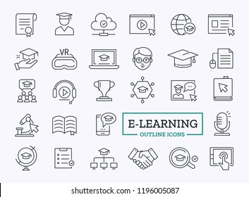 Vector E-learning Icons. Education Thin Line Signs of webinar, learning platform, university for Website.