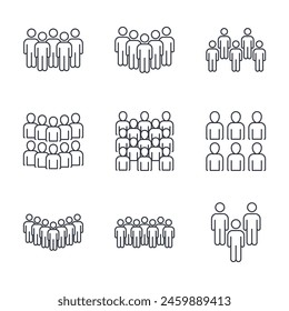 Vector election icons. Editable stroke set. A group of people, party members, voters. Crowd, large team, workers. Social movement, protests, disagreement. Stock illustration