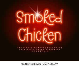 Anúncio elétrico vetorial frango grelhado. Fonte Vermelha Neon. Letras e Números de Alfabeto Brilhante Engraçado definido.