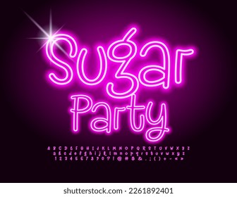 Vector electric banner Sugar Party with handwritten glowing Font. Pink Neon Alphabet Letters, Numbers and Symbols set