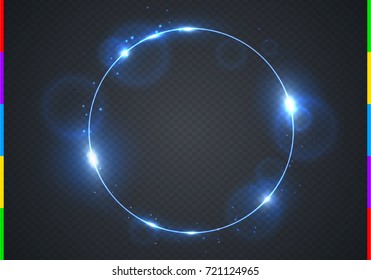 Vector electric blue frame with light effect flare and sparks. Shining round Christmas cold banner. Frozen glow ring isolated on black transparent background. Vector illustration.