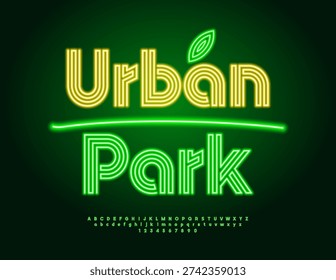 Vector Electric board Urban Park. Glowing Green Font. Neon Digital Alphabet Letters and Numbers set.