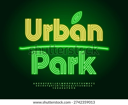 Vector Electric board Urban Park. Glowing Green Font. Neon Digital Alphabet Letters and Numbers set.