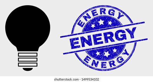 Vector electric bulb pictogram and Energy seal stamp. Red round textured seal stamp with Energy text. Vector combination in flat style. Black isolated electric bulb icon.