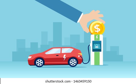 Vector Of An Electric Car Charging At The Charger Station Saving Money To Driver 