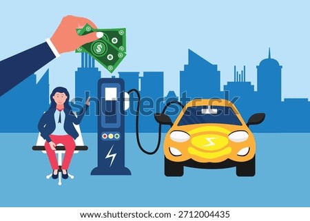 Vector of an electric car charging at the charger station saving money