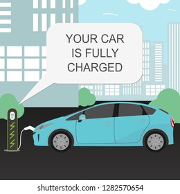 vector electric car and charging station concept. Eco car banner. Modern technology. 10 eps