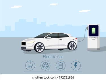 Vector electric car with charging station. Infographic background template  